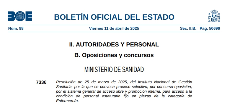 RESOLUCION INGESA CONVOCANDO CONCURSO OPOSICION ACCESO LIBRE PARA ENFERMER@S