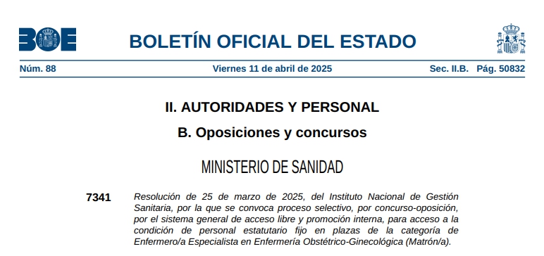 RESOLUCION INGESA CONVOCANDO CONCURSO OPOSICION ACCESO LIBRE  E INTERNA EN ENFERMERÍA-GINECOLOGÍA