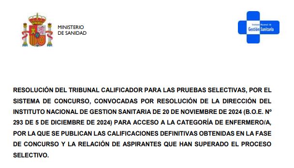 RESOLUCIÓN INGESA PUBLICANDO CALIFICACIONES DEFINITIVAS OBTENIDAS EN LA FASE DE CONCURSO Y ASPIRANTES QUE HAN SUPERADO EL PROCESO