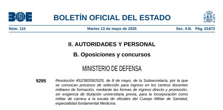 BOE PUBLICA RESOLUCION CONVOCANDO 37 PLAZAS PARA LA ESCALA DE OFICIALES DEL CUERPO DE SANIDAD