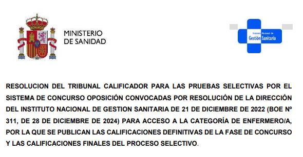 RESOLUCION INGESA POR LA QUE SE PUBLICAN CALIFICACIONES DEFINITIVAS PARA ACCESO A LA CATEGORIA DE ENFERMER@