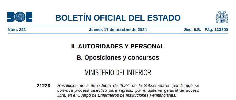 BOE PUBLICA RESOLUCION   PROCESO INGRESO EN CUERPO DE ENFERMER@S INST. PENITENCIARIAS