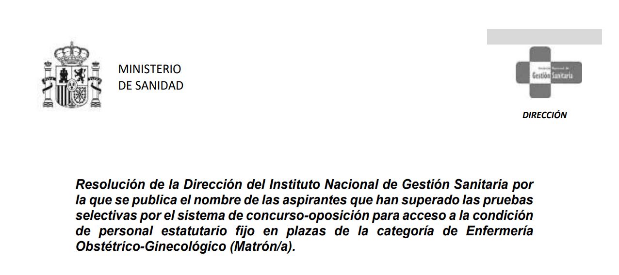 RESOLUCIÓN DEL INGESA PUBLICANDO ASPIRANTES QUE HAN SUPERADO PRUEBA SELECTIVA  EN ENFERMERIA OBSTETRICO-GINECOLOGICO