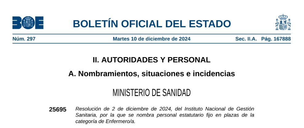 RESOLUCION INGESA NOMBRA PERSONAL ESTATUTARIO FIJO EN  PLAZAS PARA  PERSONAL ENFERMER@