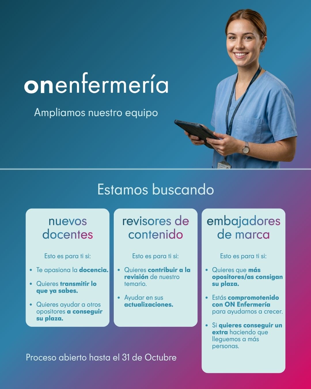 ON Enfermería abre un proceso de selección para incorporar docentes, revisores de contenido y embajadores