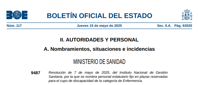 BOE PUBLICA RESOLUCION  NOMBRANDO PERSONAL ESTATUTARIO FIJO EN PLAZAS RESERVADAS CUPO DISCAPACIDAD PARA ENFERMER@S