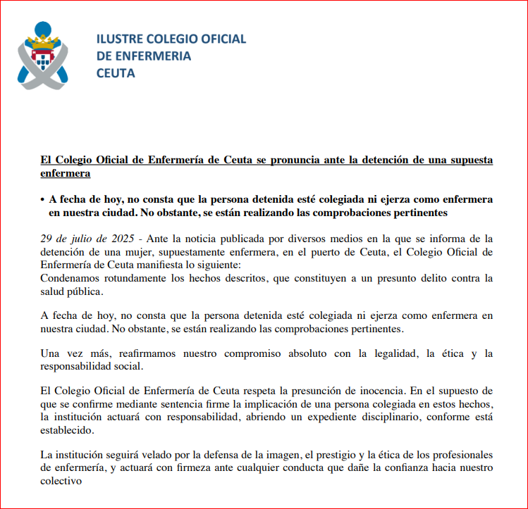 EL COLEGIO OFICIAL DE ENFERMERÍA DE CEUTA SE PRONUNCIA ANTE LA DETENCIÓN DE UNA SUPUESTA ENFERMERA