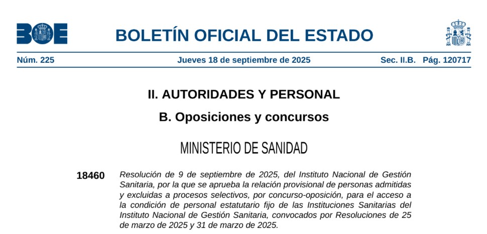 PUBLICACION RESOLUCION LISTADO PROVISIONAL ADMITID@/EXCLUID@S PERSONAL ESTATUTARIO FIJO INGESA