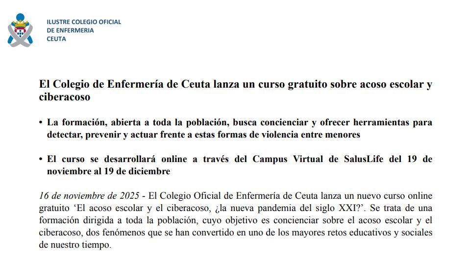 NOTA DE PRENSA: EL COLEGIO DE ENFERMERIA DE CEUTA LANZA UN CURSO GRATUITO SOBRE ACOSO ESCOLAR Y CIBERACOSO