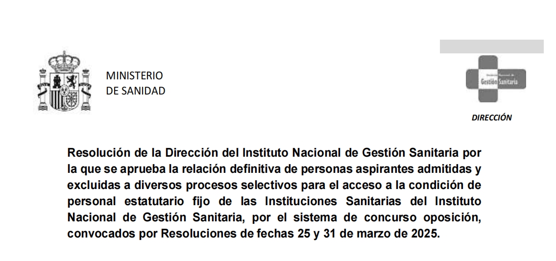 INGESA PUBLICA RESOLUCIÓN APROBANDO LISTA  DEFINITIVA DE ADMITIDOS Y EXCLUIDOS PROCESOS SELECTIVOS