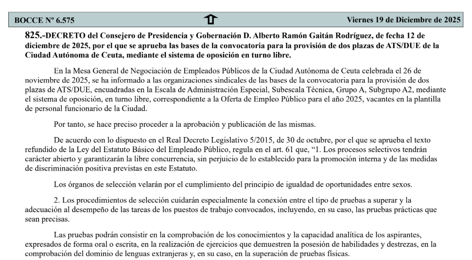 LA CIUDAD DE CEUTA CONVOCA PROVISIÓN DE DOS PLAZAS DE ATS/DUE