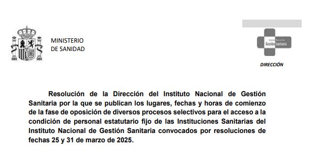 INGESA PUBLICA RESOLUCIÓN DANDO A CONOCER LUGARES, FECHAS Y HORAS DE COMIENZO FASE DE OPOSICIÓN