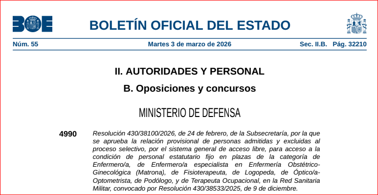 PUBLICACION RESOLUCION  PERSONAS ADMITIDAS Y EXCLUIDAS ACCESO LIBRE  ENFERMER@S  ESPECIALISTAS PARA LA RED SANITARIA MILITAR