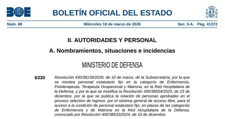 PUBLICACION RESOLUCION  NOMBRANDO PERSONAL ESTATUTARIO FIJO EN LA CATEGORÍA DE ENFERMERO/A EN LA RED HOSPITALARIA DE LA DEFENSA