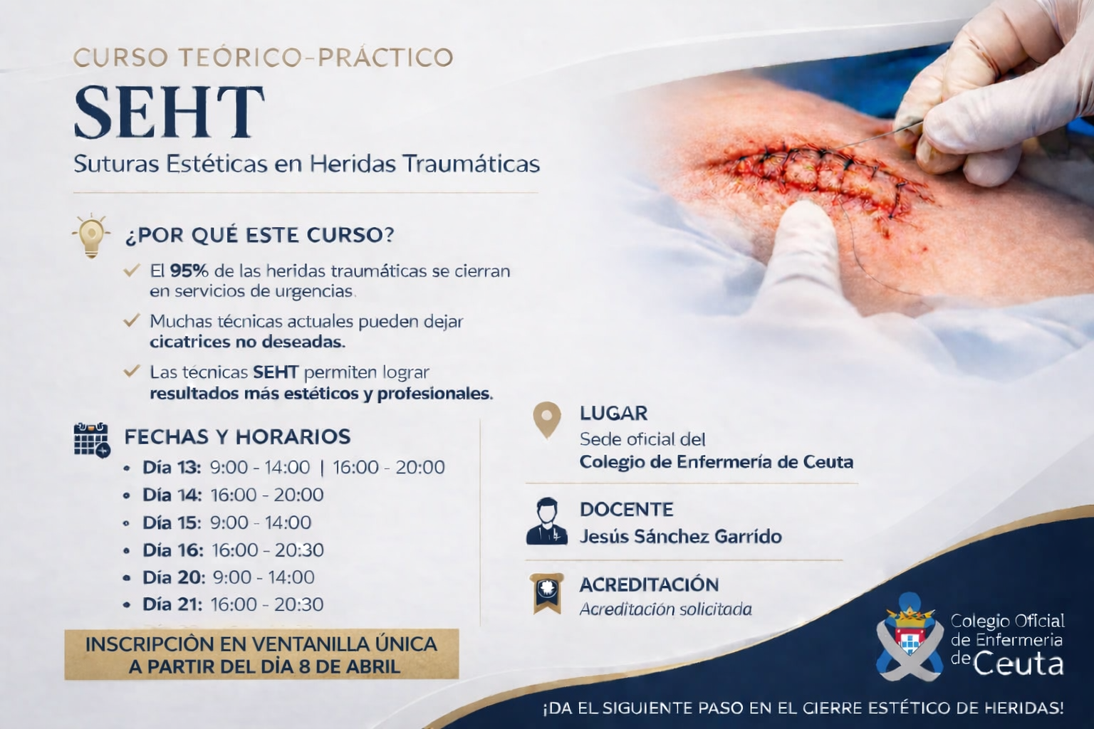 EL COLEGIO DE ENFERMERIA DE CEUTA ORGANIZA UN CURSO DE SUTURAS ESTETICAS EN HERIDAS TRAUMATICAS  PARA PROFESIONALES