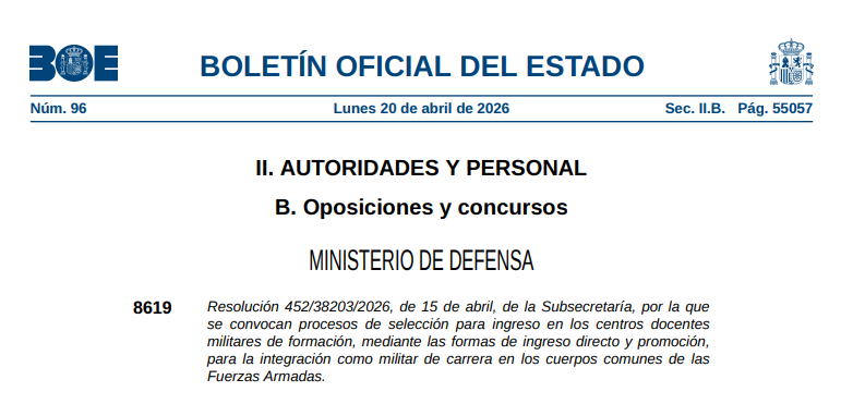 PUBLICACION RESOLUCION  CONVOCANDO PROCESO SELECTIVO PARA INGRESO DE MILITAR EN EL CUERPO MILITAR DE SANIDAD (45 PLAZAS) ESCALA OFICIALES ENFERMEROS