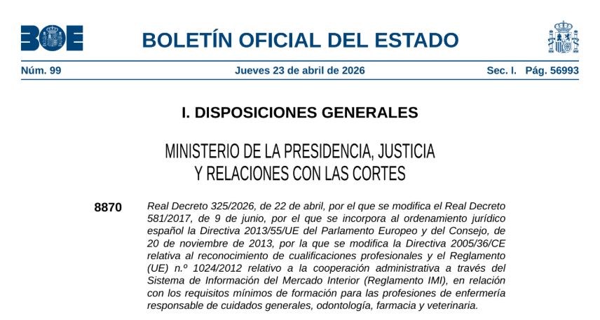BOE PUBLICA RESOLUCION EN RELACION CON LOS REQUISITOS MINIMOS DE FORMACION PARA LA PROFSION DE ENFERMERIA