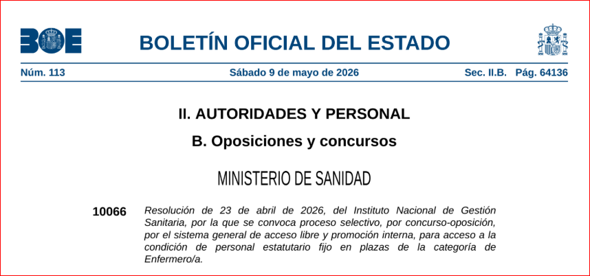 BOE 09.05.26  PUBLICA PROCESO SELECTIVO LIBRE Y DE PROMOCION INTERNA PARA ACCESO A LA CONDICION DE PERSONAL ESTATUTARIO FIJO PARA ENFEMER@