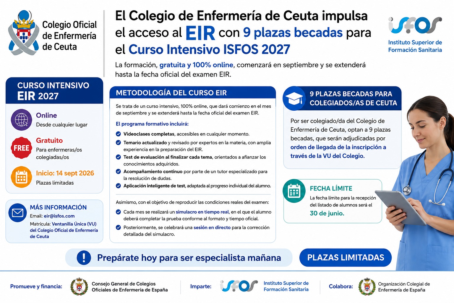 El Colegio de Enfermería de Ceuta impulsa el acceso al EIR con 9 plazas becadas para el Curso Intensivo ISFOS 2027