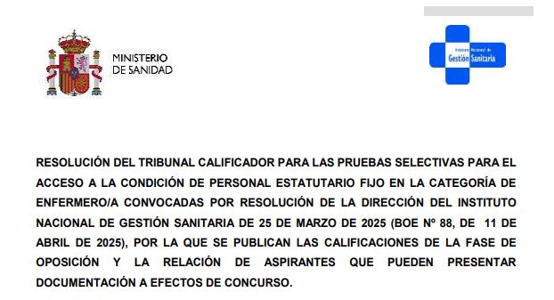 INGESA PUBLICA CALIFICACIONES DE LA FASE DE OPOSICIÓN PARA PERSONAL ESTATUTARIO CATEGORIA ENFERMERO/A