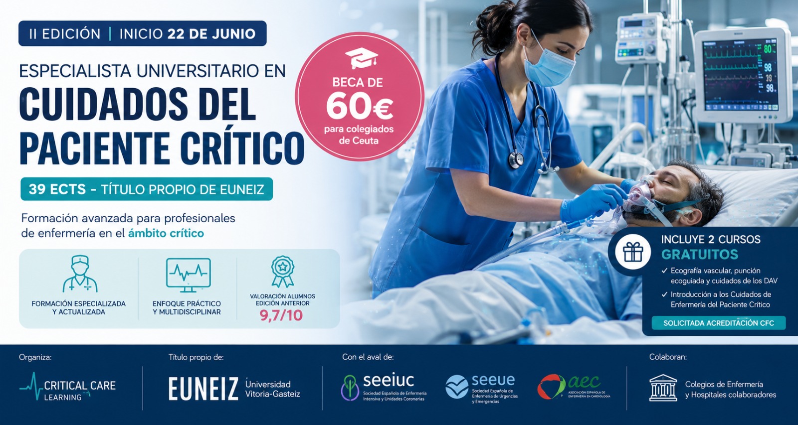 BECAS PARA COLEGIADOS DE CEUTA EN LA II EDICIÓN DEL ESPECIALISTA UNIVERSITARIO EN CUIDADOS DEL PACIENTE CRÍTICO