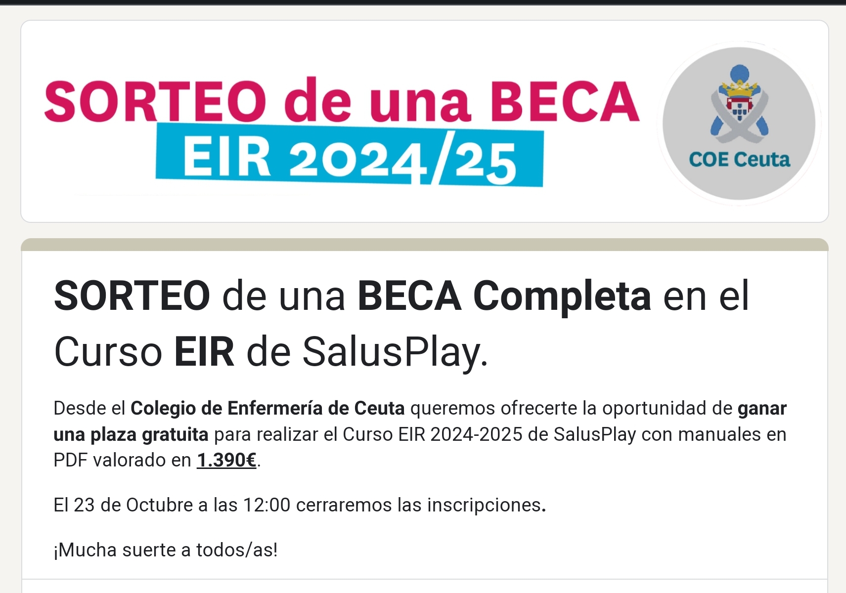 (RECORDATORIO) AUN ESTA A TIEMPO DE SOLICITAR EL SORTEO DE UNA BECA COMPLETA EN EL CURSO EIR DE SALUSPLAY